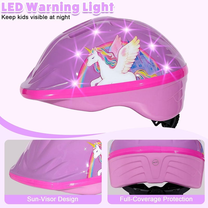 EllaSeek خوذة للأطفال، خوذة أطفال مع أضواء LED، خوذات دراجات مع مجموعة واقيات ركب وأكواع للأطفال من 3-5-8 سنوات للفتيات، خوذات دراجات، سكوتر، لوح تزلج - Image 3